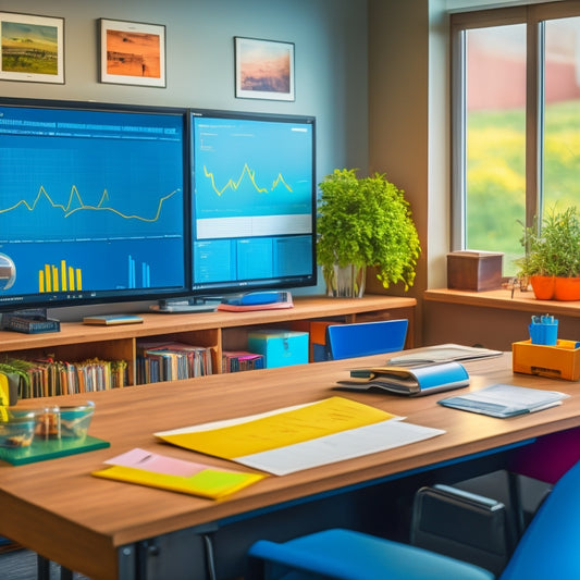 A tidy, modern classroom with a teacher's desk in the center, surrounded by organized charts, colorful folders, and a tablet with a dashboard displaying various graphs and statistics.