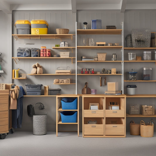 A well-organized garage with sleek, modern shelving units in a combination of wooden and metallic materials, holding various storage bins, baskets, and tool holders, against a clean, light-gray background.