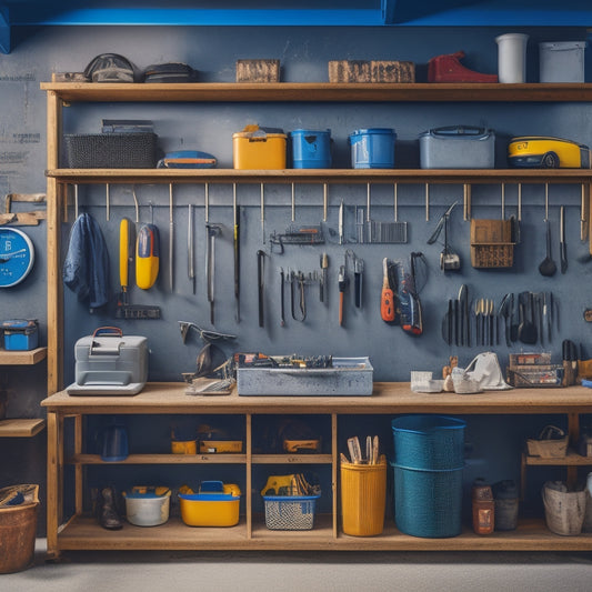 A tidy garage with a pegboard on the wall, featuring a variety of tools and accessories neatly arranged on hooks, bins, and shelves, with a workbench and toolbox in the background.