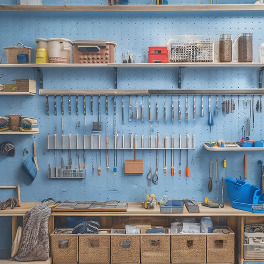 A well-organized workshop with a pegboard on a wall, adorned with various hooks, bins, and holders, each filled with neatly arranged tools and equipment, surrounded by a clean and clutter-free environment.