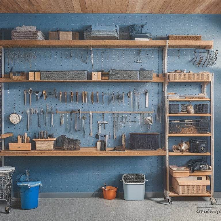 A well-organized garage workshop with three distinct layouts: a pegboard-covered wall with hanging tools, a central workbench with built-in storage, and a slatwall with bins and baskets.