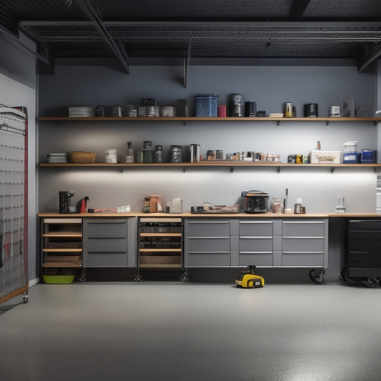 A well-lit garage with sleek, gray walls and a polished concrete floor, featuring a combination of slatwall panels, pegboards, and shelving units, with neatly arranged tools and accessories.