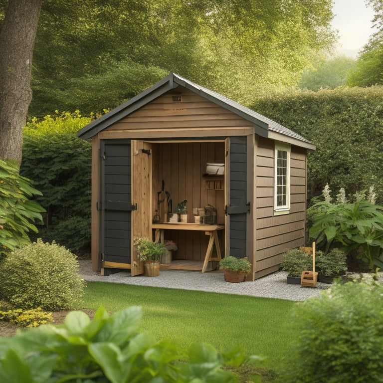 A compact, freestanding shed with a sloping roof and rustic wooden slats, nestled between two large trees, with a few gardening tools and a small bench nearby, surrounded by lush greenery.