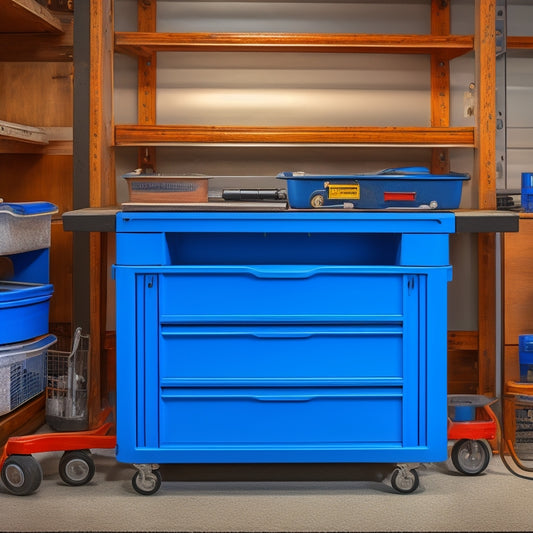 A clutter-free tool drawer cart with 3-4 tiers, soft-close drawers, and a sturdy metal frame, surrounded by a well-organized workshop with various tools and equipment in the background.