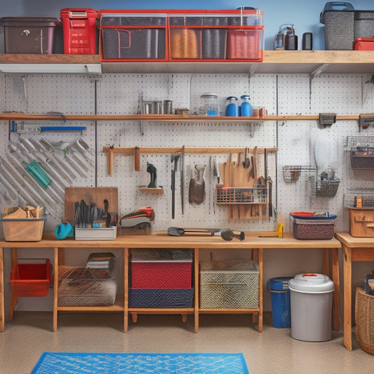 A tidy garage workspace with a pegboard displaying neatly hung tools, a nearby workbench with a vice, and a set of labeled storage bins and baskets on shelves.