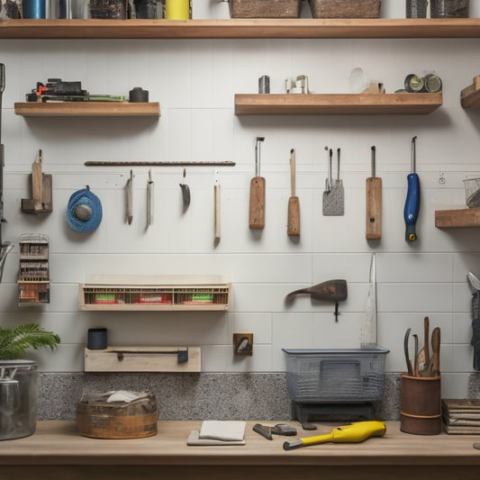 A clutter-free workshop with a pegboard on the wall, holding a curated selection of hand tools, with a small, labeled storage bin and a DIY shelving unit made from reclaimed wood in the background.