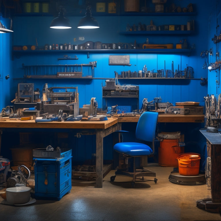 A well-lit, clutter-free workshop with a sturdy, dark-blue SAM's Professional Workshop Bench at its center, surrounded by neatly organized tools and a few sleek, metallic machinery parts.