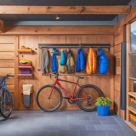 A clutter-free garage with a slatted wall system, hooks, and bins storing camping gear, winter clothing, and bicycles, with a few seasonal decorations on shelves, and a floor with a subtle epoxy finish.
