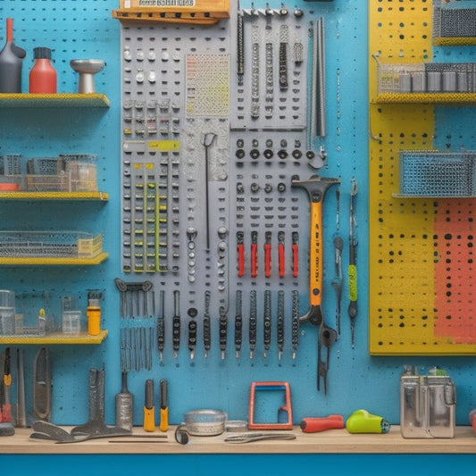 A colorful, well-organized pegboard with various DIY tools and accessories, such as wrenches, hammers, screwdrivers, and bins, arranged in a visually appealing and functional layout.