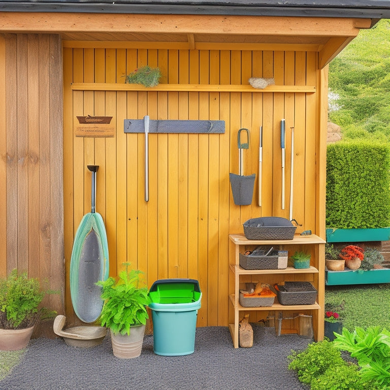 A clutter-free garden shed with a pegboard displaying neatly organized landscaping tools, including a rake, trowel, and pruning shears, alongside labeled bins and a wheelbarrow in the corner.