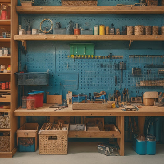 A colorful, clutter-free workshop with neatly arranged pegboards, labeled bins, and a mix of wooden and metal shelves, showcasing various craft tools and supplies in an organized and visually appealing manner.