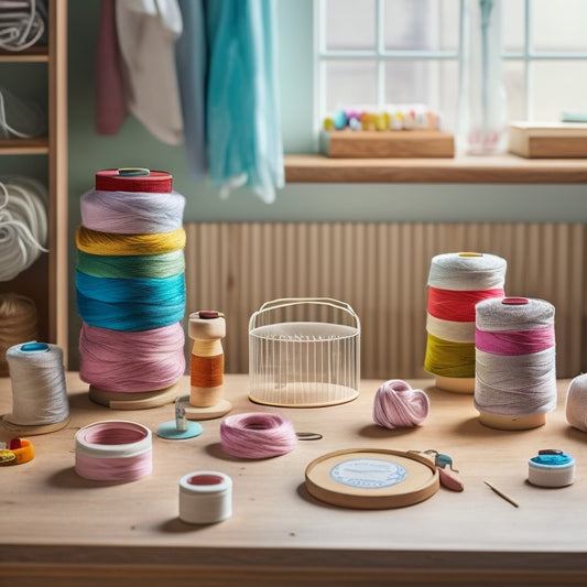 A tidy, well-lit workspace with a wooden embroidery hoop, a spool of white thread, and a set of 10 small, labeled thread organizers in a gradient of pastel colors, arranged neatly on a wooden desk.