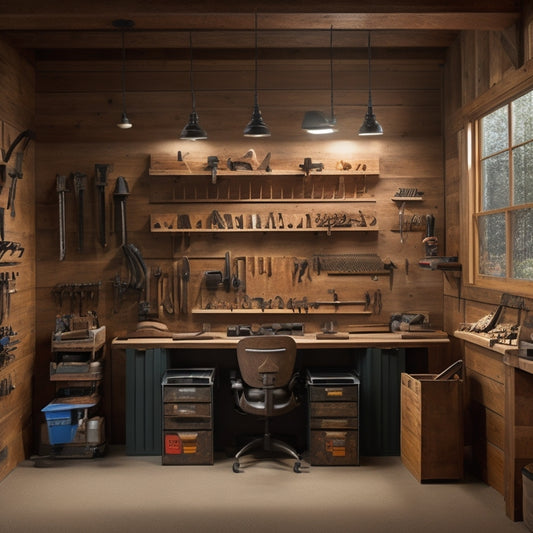 A tidy, well-lit woodworking shop with a pegboard-covered wall, rolling tool chests, and labeled bins, showcasing a variety of organized storage solutions for hand tools, power tools, and materials.