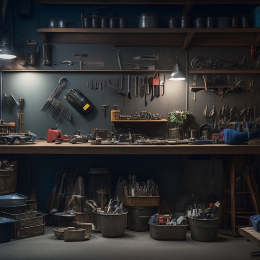 A tidy workshop with labeled bins, organized tool pegboard, and a clean workbench, contrasted with a cluttered, dimly lit background, featuring scattered tools and disorganized supplies.