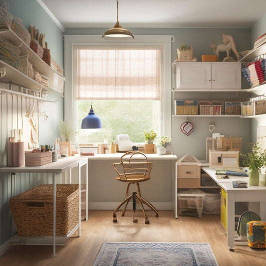 A clutter-free sewing room with a u-shaped workstation, organized threads and fabrics on shelves, and a designated ironing station, surrounded by good lighting and minimal decor.