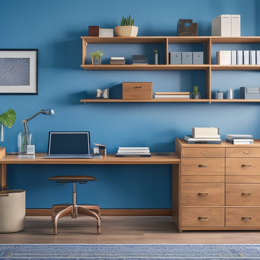 A tidy home office with a sleek, wooden desk, surrounded by custom storage bins in various shapes and sizes, each filled with organized office supplies and papers, against a calming blue-gray background.