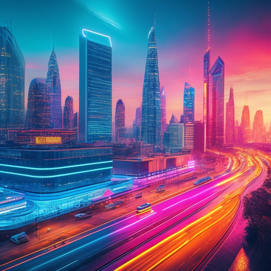A futuristic cityscape at dusk with sleek skyscrapers, neon lights, and holographic advertisements floating above streets, surrounded by orbiting digital tablets and smartphones displaying Issuu's logo.