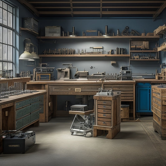 A clutter-free workbench with a mix of metal and wooden toolboxes, each filled with organized rows of precision instruments, surrounded by a few strategically placed CNC machines and a lathe in the background.