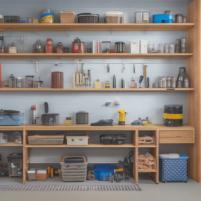 A well-organized garage with a wall-mounted storage system featuring three horizontal shelves, two cabinets, and a pegboard with various tools and accessories, amidst a clean and clutter-free background.