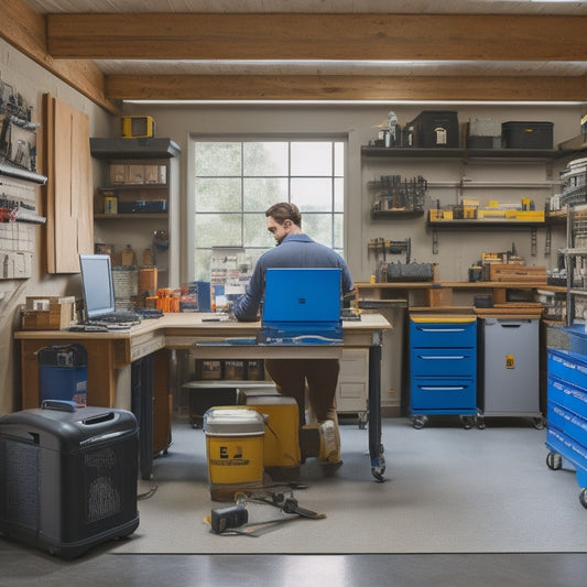 A clutter-free garage workspace with a technician in the background, surrounded by organized tool chests and a sleek, digital tablet displaying a tool inventory management system.