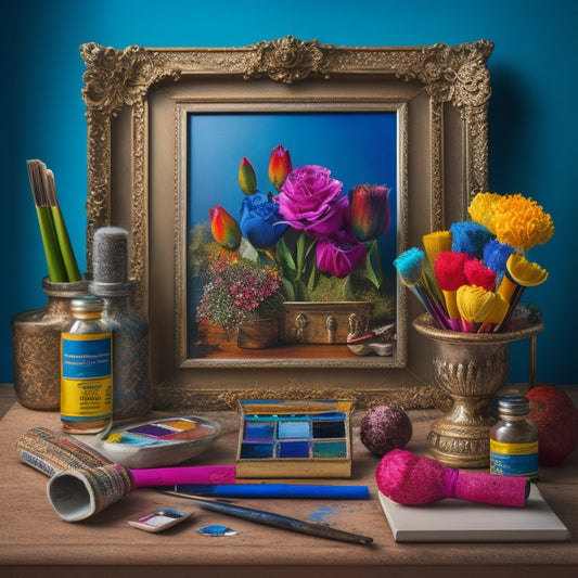 A still-life composition featuring an empty, ornate picture frame surrounded by various art materials, including paintbrushes, tubes of oil paint, canvases, and a palette with vibrant color swatches.