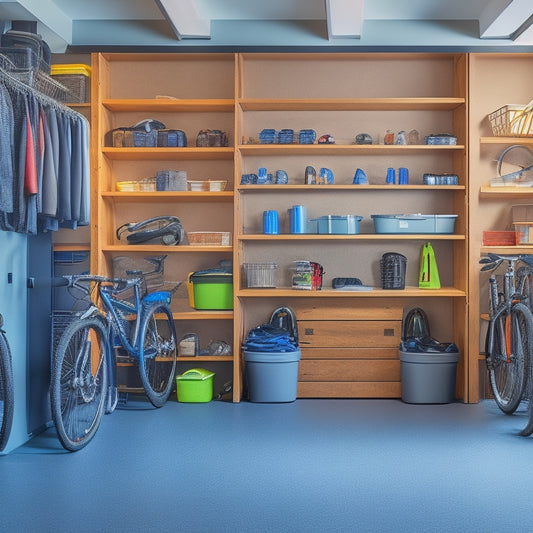 A well-organized garage interior with sleek gray cabinets, labeled bins, and a slatwall with neatly hung tools and bikes, illuminated by natural light pouring in through a large window.