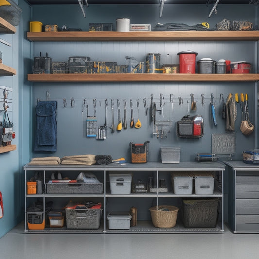 A well-organized garage with a pegboard wall, hooks holding various tools, a toolbox with open drawers, and a shelving unit storing labeled bins and baskets, surrounded by a clean, polished concrete floor.