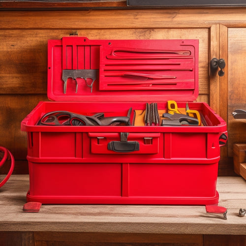 A clutter-free, well-organized portable tool chest with a red handle, open to reveal a tidy arrangement of wrenches, pliers, screwdrivers, and a hammer, on a clean, wooden workbench.