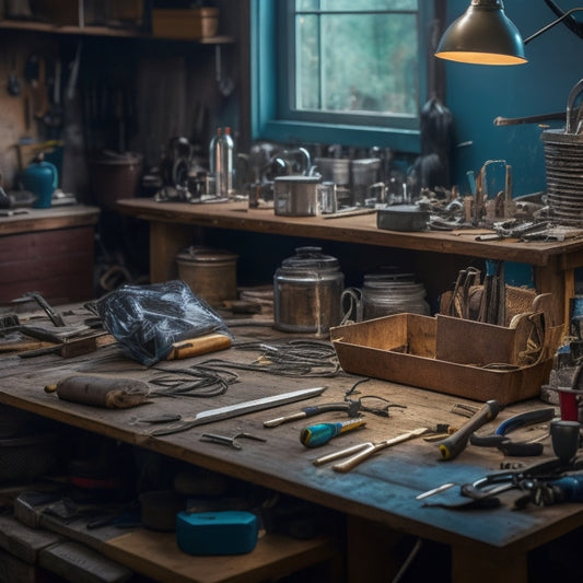 A cluttered workshop with scattered tools, tangled wires, and half-finished projects, contrasted with a clean and organized workspace in the background, with a lone, sleek, and shiny tool resting on a polished surface.