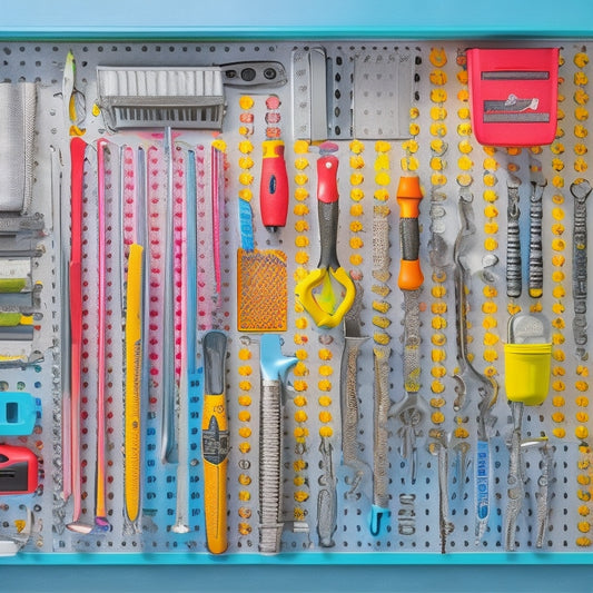 A pegboard with various tools and accessories, such as wrenches, pliers, and screwdrivers, organized in a customized layout with colorful bins and dividers, against a clean white background.