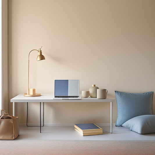 A serene, minimalist room with a tidy laptop and few, carefully chosen belongings, surrounded by plenty of negative space, and a subtle, calming color palette, evoking a sense of clarity and freedom.