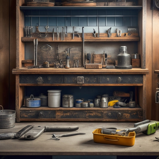 A tidy workshop with a silver metal caddy on a wall, holding various tools and accessories, such as screwdrivers, pliers, and wrenches, arranged neatly in labeled compartments.