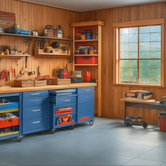 A clutter-free garage with multiple mobile tool chests in various sizes, each with organized compartments, wheels, and handles, surrounding a central workbench with scattered tools and a few scattered wrenches.