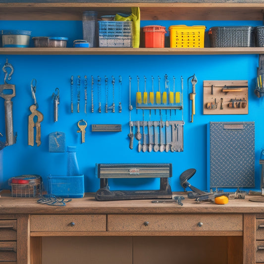 A clutter-free workshop with a pegboard on the wall, holding neatly organized tools and keys on hooks, alongside a labeled tool chest and a compact key organizer on a nearby workbench.
