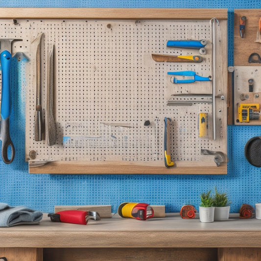A compact pegboard with various tools and accessories, including a hammer, pliers, screwdrivers, and a level, organized on a wall-mounted panel with a wooden or metal frame, surrounded by a clutter-free workshop background.