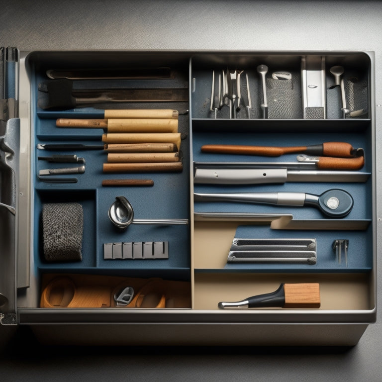 A clutter-free workshop with a stainless steel tool tray organizer, featuring multiple compartments, adjustable dividers, and a removable tray, surrounded by various tools and accessories in a neat and organized manner.