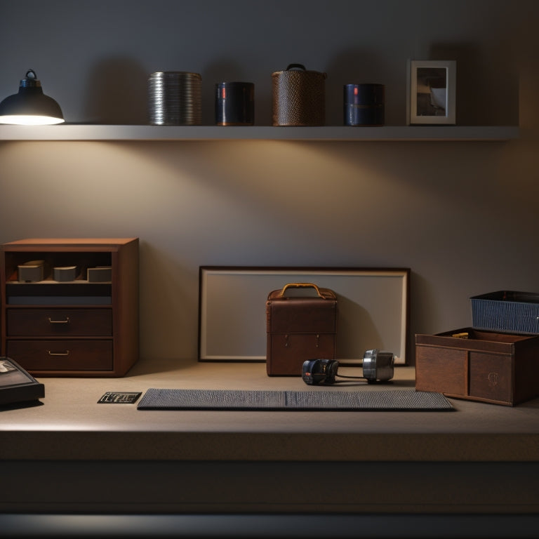 A dimly lit, minimalist workspace with 5-7 small key storage boxes of varying shapes, sizes, and materials (wood, metal, plastic) arranged artfully on a wooden desk or shelf.