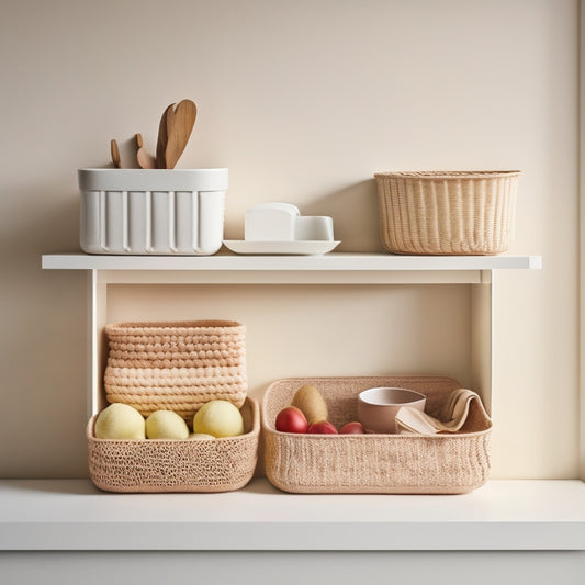 A tidy, minimalist shelf with three identical, rectangular, beige plastic baskets, each filled with neatly arranged, colorful household items, against a soft, creamy white background.