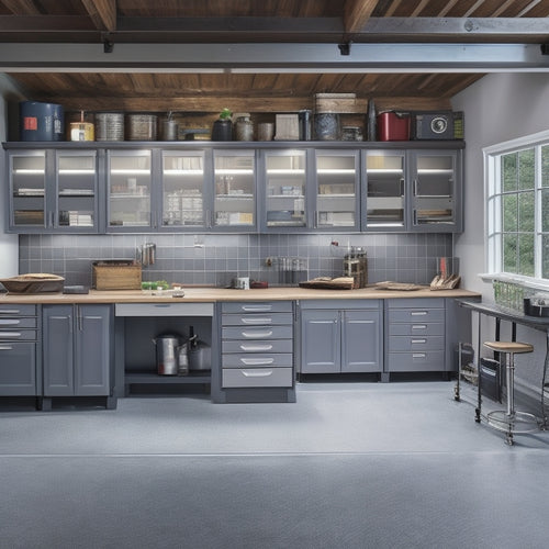 A clutter-free home garage with a stainless steel workbench, surrounded by three tool chests of varying sizes, with slide-out drawers, ball-bearing slides, and a mix of chrome and black finishes.