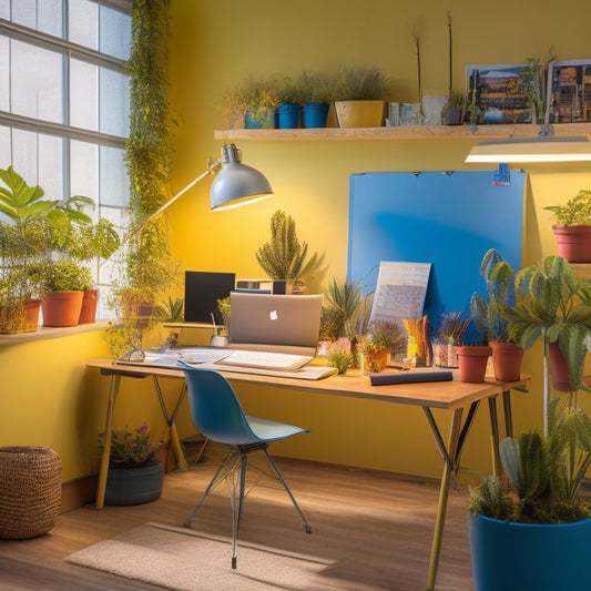 A tidy, well-lit workspace with a large, blank whiteboard, colorful Post-it notes, and a few organized binders, surrounded by a minimalist desk, a comfortable chair, and a few potted plants.