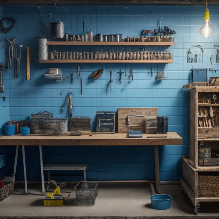 A tidy workshop with a pegboard featuring a mix of metal and plastic hooks, holding various tools, baskets, and bins, surrounded by a few organized workbenches and a faint grid pattern on the wall.