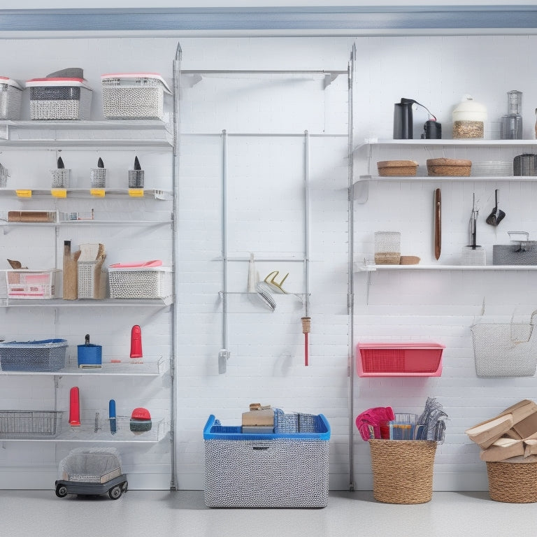 A well-organized garage with a wall-mounted shelving unit featuring five rectangular baskets in graduated sizes, each filled with various DIY tools and accessories, against a clean white background.