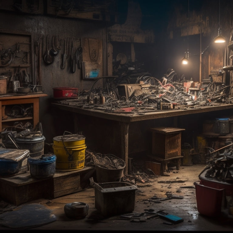 A cluttered workshop with scattered tools, tangled wires, and piles of scrap metal, with a workbench in disarray, and a dimly lit atmosphere, conveying a sense of chaos and disorganization.