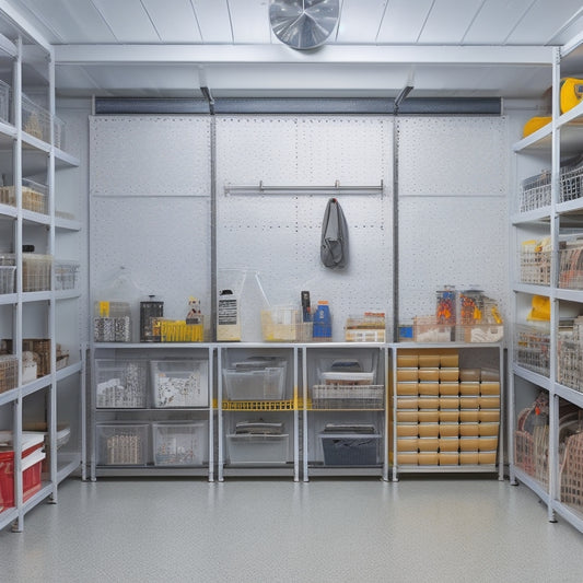 A tidy garage interior with rows of stacked, transparent storage bins, a pegboard with hooks, and a sleek, silver shelving unit, illuminated by soft, warm lighting.