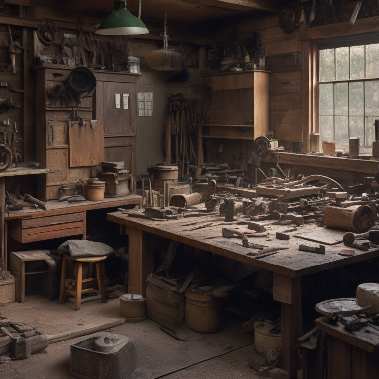 An image of a cluttered woodworking shop with scattered tools, half-finished projects, and a central workbench littered with scraps of wood, measuring tapes, and worn-out sandpaper.