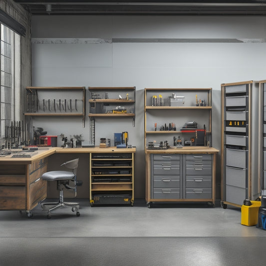 A well-organized workshop with a large, industrial-style tool box featuring multiple dividers, compartments, and drawers, surrounded by neatly arranged tools and machinery, with a clean, grey concrete floor.