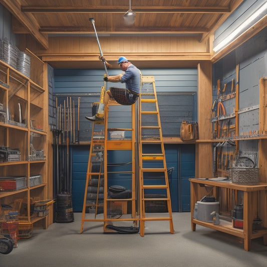 An illustration of a person wearing a safety harness, standing on a ladder, and holding a drill, surrounded by tools and garage ceiling storage rack components, with measuring tape and level nearby.