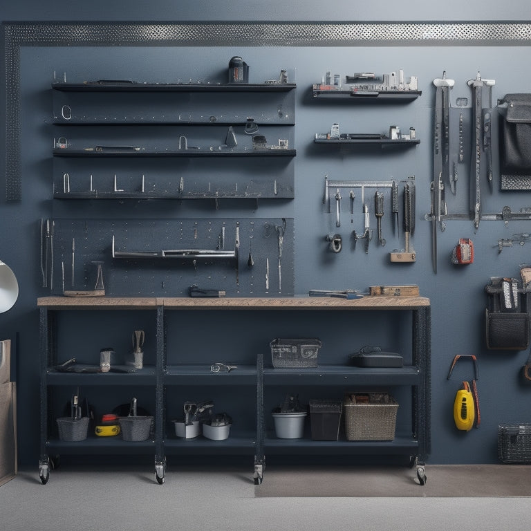 A clutter-free workshop with a large, black pegboard mounted on a gray wall, holding a variety of organized tools, surrounded by a few neatly arranged toolboxes with metal handles.