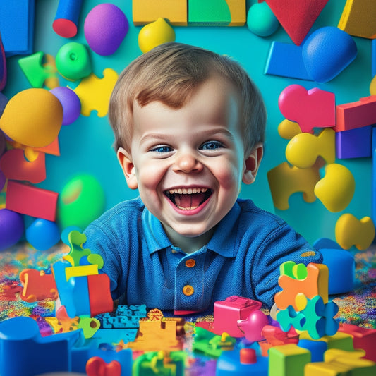A colorful illustration depicting a smiling autistic child holding a crayon, surrounded by puzzle pieces, building blocks, and a ball, with subtle background shapes resembling brain neurons.