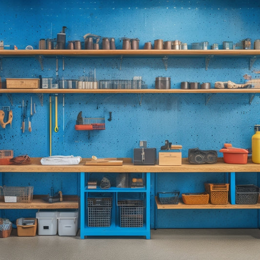 A well-organized workshop with a pegboard displaying neatly arranged tools, a labeled shelving unit storing bins and baskets, and a tidy workbench with a few strategically placed organizers and a minimalist backdrop.